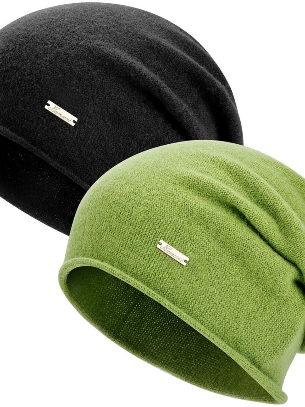 Unisex Black & Green 100% Wool Warm Knit Pull-On Winter Slouchy Skull Beanie Cap